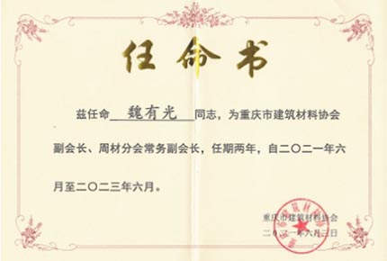 重庆市建筑材料协会副会长、周材分会常务副会长任命书